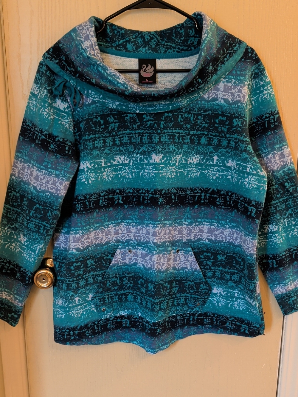 GVS Seafoam Stripe Adjustable Cowl-Neck Sweater with Kangaroo Pocket Size L